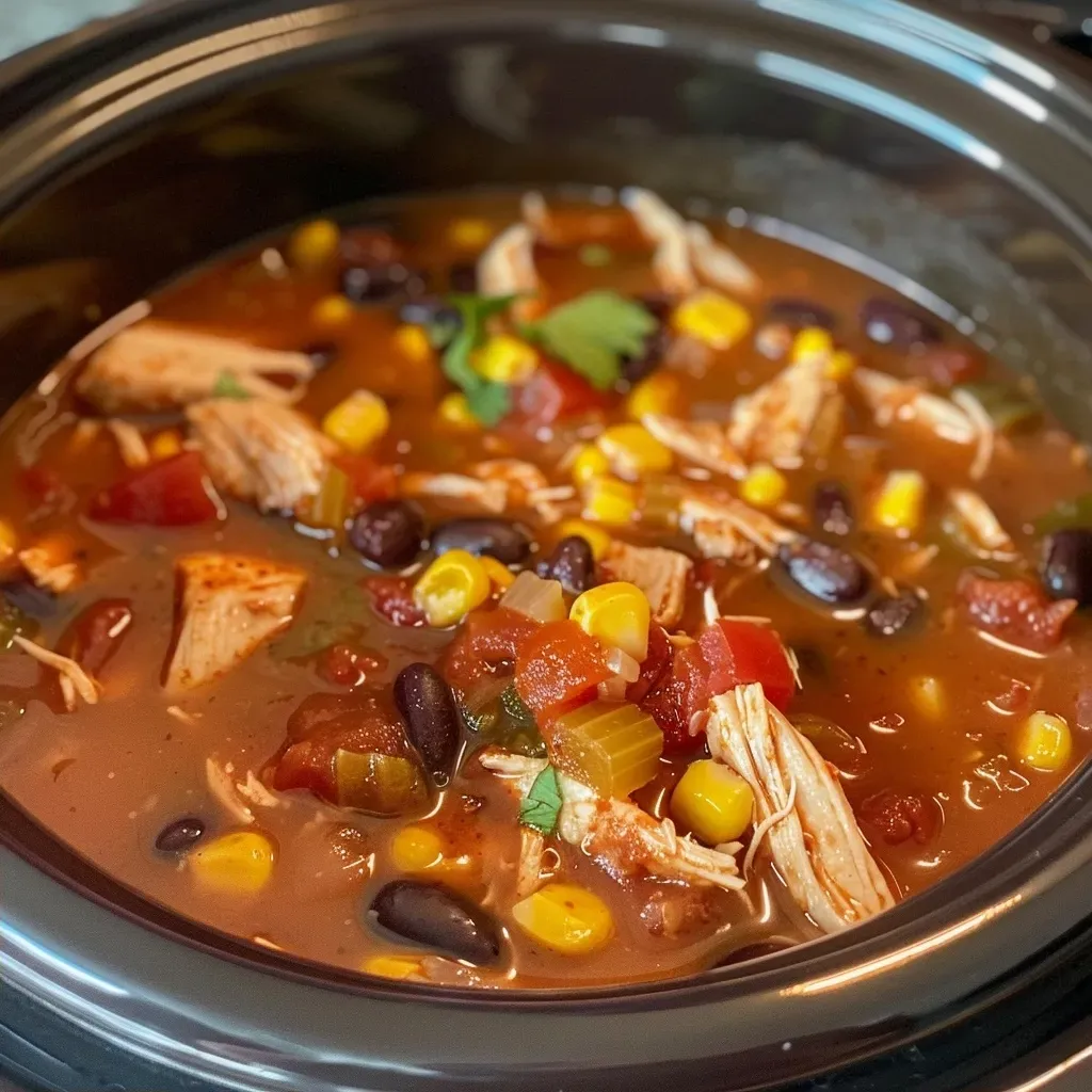 ['Close-up view of a bowl of chicken enchilada soup with garnishes.', 'Rich and hearty slow cooker chicken enchilada soup in a rustic bowl.', 'Side view of a creamy chicken enchilada soup topped with fresh herbs.', 'Delicious slow cooker chicken enchilada soup displayed in a vibrant dish.']
