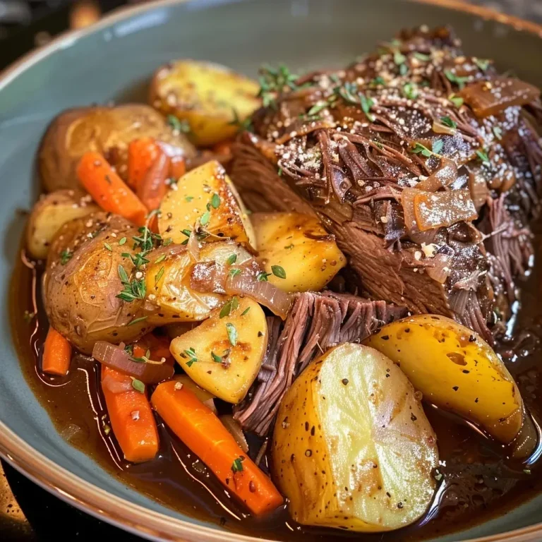 ['Juicy slow cooker pot roast surrounded by colorful vegetables on a rustic plate.', 'Close-up view of tender pot roast with carrots and potatoes, glistening in beef broth.', 'Succulent slow-cooked roast with garlic, onions, and bay leaves, ready to serve.', 'Flavorful pot roast dish featuring chunks of potatoes and vibrant carrots, garnished with herbs.']
