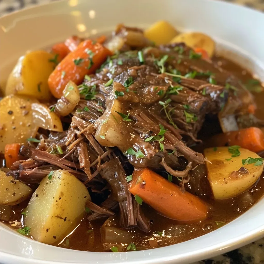['Juicy slow cooker pot roast surrounded by colorful vegetables on a rustic plate.', 'Close-up view of tender pot roast with carrots and potatoes, glistening in beef broth.', 'Succulent slow-cooked roast with garlic, onions, and bay leaves, ready to serve.', 'Flavorful pot roast dish featuring chunks of potatoes and vibrant carrots, garnished with herbs.']