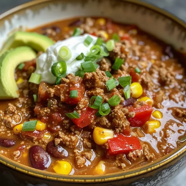 ['Close-up view of a bowl of Slow Cooker Protein Chili topped with avocado and sour cream.', 'Side angle of a hearty Slow Cooker Protein Chili with vibrant ingredients visible.', 'Juicy Slow Cooker Protein Chili served in a rustic bowl, garnished with green onions.', 'Delicious Slow Cooker Protein Chili, rich in color with spices and beans displayed prominently.']