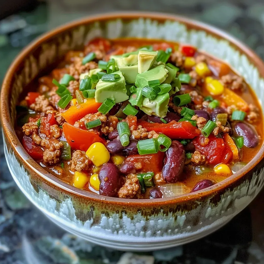 ['Close-up view of a bowl of Slow Cooker Protein Chili topped with avocado and sour cream.', 'Side angle of a hearty Slow Cooker Protein Chili with vibrant ingredients visible.', 'Juicy Slow Cooker Protein Chili served in a rustic bowl, garnished with green onions.', 'Delicious Slow Cooker Protein Chili, rich in color with spices and beans displayed prominently.']