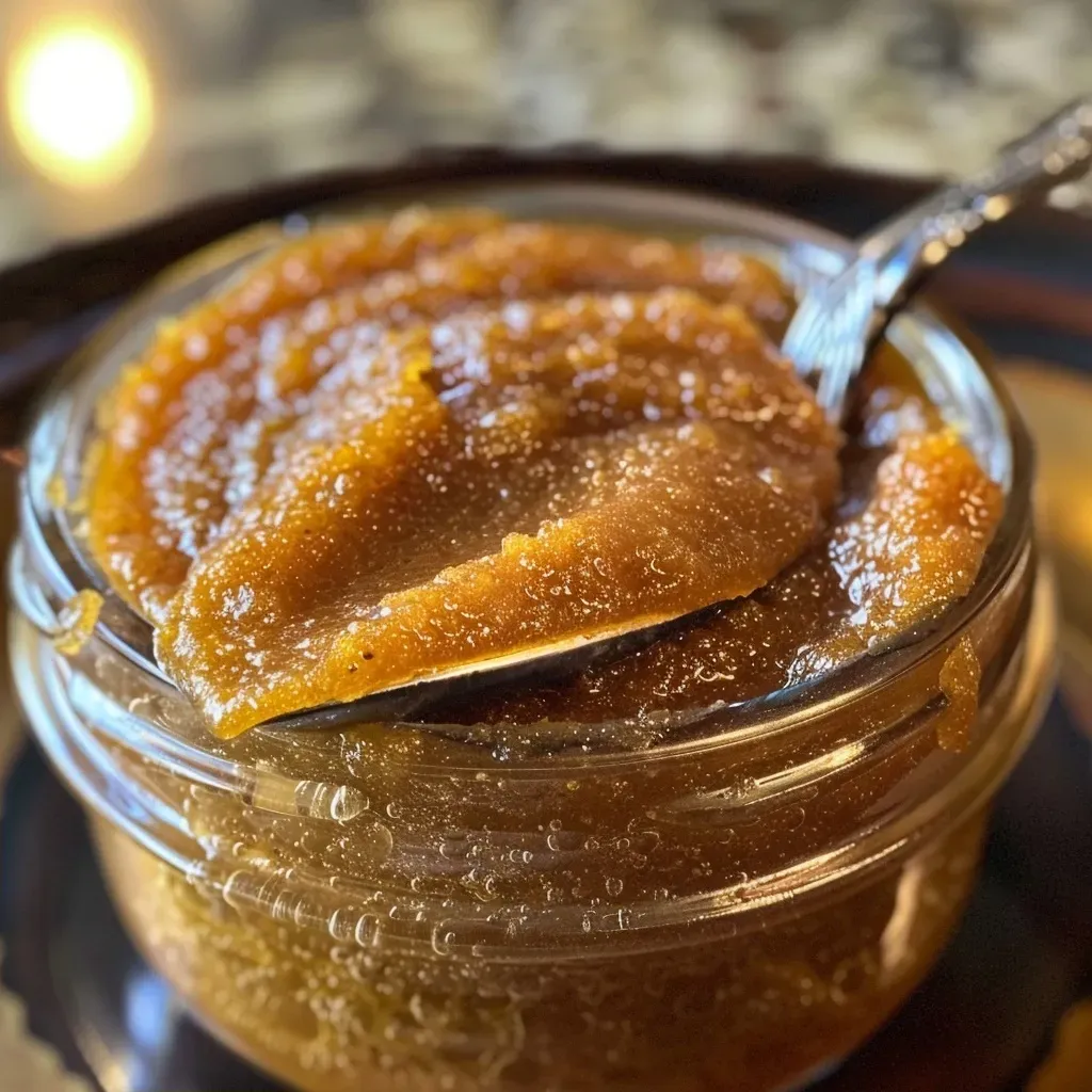 ['Close-up of a rich, creamy pumpkin butter in a jar.', 'Side view of slow cooker pumpkin butter with a smooth texture.', 'Juicy, homemade pumpkin butter displayed in a glass container.', 'A serving of velvety pumpkin butter, rich in color and consistency.']