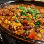 ['Close-up view of steaming slow cooker turkey chili in a bowl.', 'Side view of a hearty turkey chili with beans and corn.', 'Juicy turkey chili garnished with fresh herbs in a slow cooker.', 'Colorful slow cooker turkey chili with visible ingredients like beans and tomatoes.']