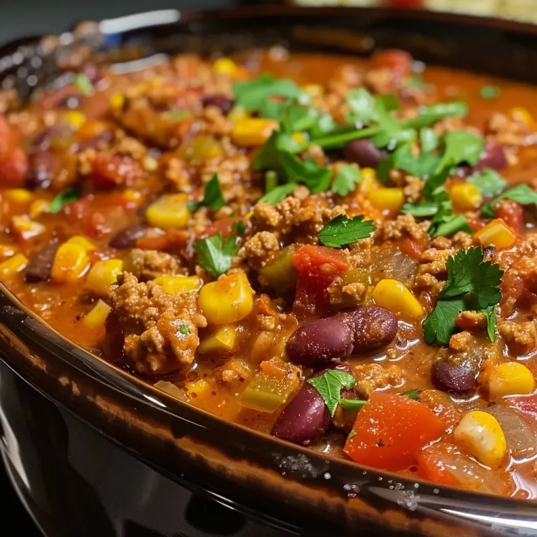 ['Close-up view of steaming slow cooker turkey chili in a bowl.', 'Side view of a hearty turkey chili with beans and corn.', 'Juicy turkey chili garnished with fresh herbs in a slow cooker.', 'Colorful slow cooker turkey chili with visible ingredients like beans and tomatoes.']