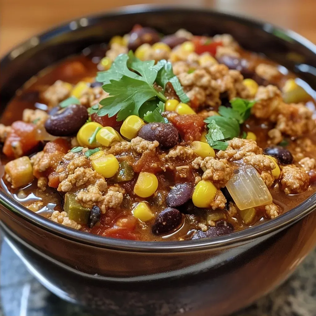 ['Close-up view of steaming slow cooker turkey chili in a bowl.', 'Side view of a hearty turkey chili with beans and corn.', 'Juicy turkey chili garnished with fresh herbs in a slow cooker.', 'Colorful slow cooker turkey chili with visible ingredients like beans and tomatoes.']