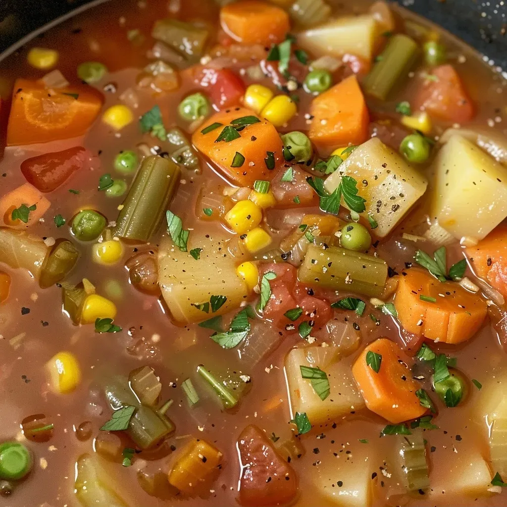 ['Close-up view of a bowl of slow cooker vegetable soup, showcasing vibrant vegetables.', 'Side angle of a hearty vegetable soup with colorful ingredients and steam rising.', 'Detailed shot of slow cooker vegetable soup, highlighting chunks of carrots, potatoes, and beans.', 'Rich vegetable soup filled with diced tomatoes, green beans, and herbs, in a rustic bowl.']