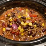 ['Close-up view of slow cooker vegetarian chili with vibrant colors.', 'Juicy vegetarian chili filled with beans and veggies in a slow cooker.', 'Rich, hearty slow cooker vegetarian chili with colorful ingredients.', 'Side view of a bowl of slow cooker vegetarian chili showcasing textures.']