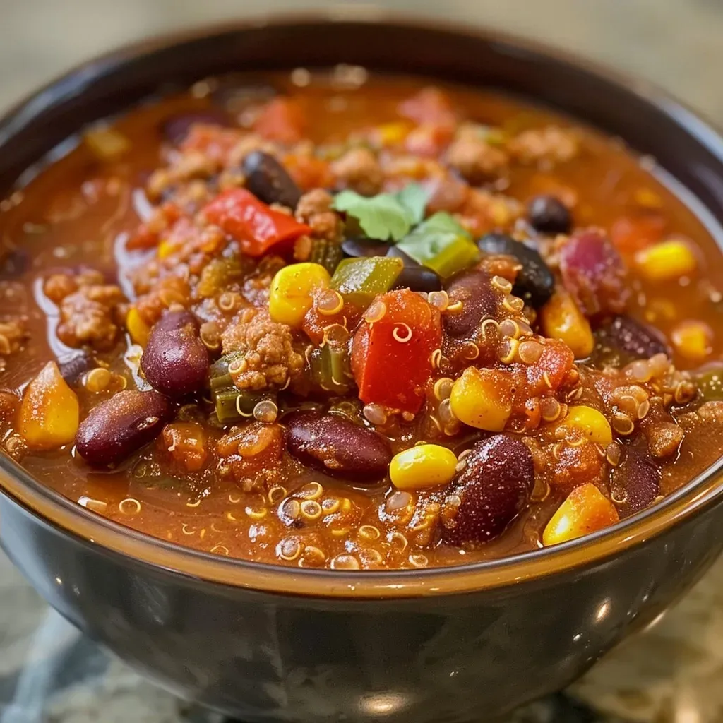 ['Close-up view of slow cooker vegetarian chili with vibrant colors.', 'Juicy vegetarian chili filled with beans and veggies in a slow cooker.', 'Rich, hearty slow cooker vegetarian chili with colorful ingredients.', 'Side view of a bowl of slow cooker vegetarian chili showcasing textures.']