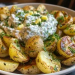 ['Close-up view of smashed potatoes topped with garlicky herb skyr dip.', 'Side view of a plate of smashed potatoes with a creamy herb dip.', 'Juicy smashed potatoes drizzled with garlicky skyr dip, emphasizing fresh herbs.', 'Appetizing close-up of Yukon gold smashed potatoes alongside a colorful skyr dip.']