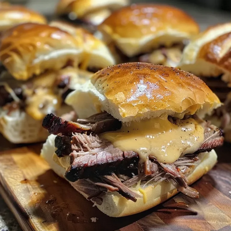 ['Juicy smoked brisket sliders stacked on a wooden board, showcasing melted cheese.', 'Close-up of smoked brisket sliders with a shiny buttered top and visible BBQ seasoning.', 'An array of smoked brisket sliders on a white plate, garnished with herbs and sauce.', 'Side view of tender brisket sliders with layers of cheese, resting on a rustic cutting board.']