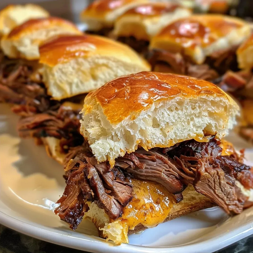['Juicy smoked brisket sliders stacked on a wooden board, showcasing melted cheese.', 'Close-up of smoked brisket sliders with a shiny buttered top and visible BBQ seasoning.', 'An array of smoked brisket sliders on a white plate, garnished with herbs and sauce.', 'Side view of tender brisket sliders with layers of cheese, resting on a rustic cutting board.']
