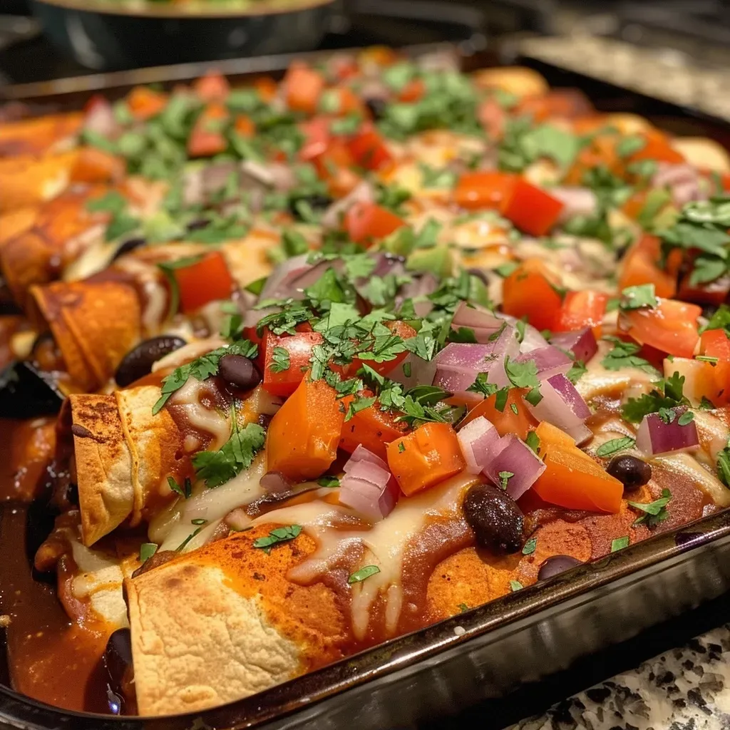 ['Close-up view of smoky sweet potato and black bean enchiladas topped with cheese and fresh cilantro.', 'Side view of a plate filled with grilled, cheesy sweet potato and black bean enchiladas garnished with avocado.', 'Juicy enchiladas featuring sweet potatoes and black beans, served with a side of salsa and sour cream.', 'Delicious enchiladas in a vibrant sauce, filled with sweet potatoes and black beans, displayed on a rustic plate.']