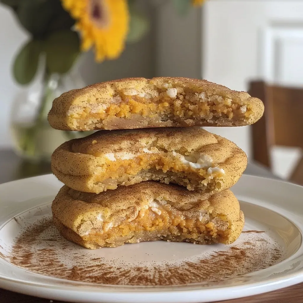 ['Close-up side view of Snickerdoodle Pumpkin Cheesecake Cookies, showcasing their soft texture.', 'A detailed side view of freshly baked Snickerdoodle Pumpkin Cheesecake Cookies with a golden-brown surface.', 'Close-up photo of Snickerdoodle Pumpkin Cheesecake Cookies, emphasizing their creamy filling and spiced exterior.', 'Side view image of pumpkin-flavored Snickerdoodle cookies, highlighting their delicious cheesecake layer.']
