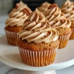 ['Side view close-up of spice cupcakes topped with cream cheese frosting and chopped pecans.', 'Delicious spice cupcakes with a creamy frosting, showcasing a moist texture and garnished with nuts.', 'Close-up shot of beautifully frosted spice cupcakes arranged neatly, highlighting their rich colors.', 'A tempting side view of spice cupcakes featuring a smooth cream cheese topping and a sprinkle of pecans.']