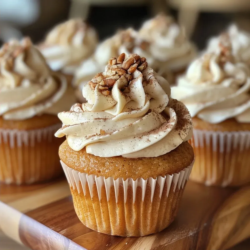 ['Side view close-up of spice cupcakes topped with cream cheese frosting and chopped pecans.', 'Delicious spice cupcakes with a creamy frosting, showcasing a moist texture and garnished with nuts.', 'Close-up shot of beautifully frosted spice cupcakes arranged neatly, highlighting their rich colors.', 'A tempting side view of spice cupcakes featuring a smooth cream cheese topping and a sprinkle of pecans.']