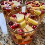 ['Close-up of a glass of Spiced Cranberry Apple Sangria with fruit slices.', 'Side view of a vibrant Spiced Cranberry Apple Sangria in a clear glass with cranberries and apple slices.', 'Juicy Spiced Cranberry Apple Sangria garnished with lemon slices and whole cloves.', 'Refreshing sangria featuring cranberries, apple slices, and lemon in a stylish glass.']