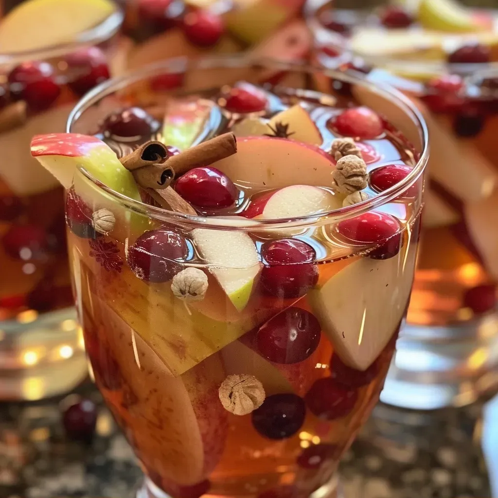 ['Close-up of a glass of Spiced Cranberry Apple Sangria with fruit slices.', 'Side view of a vibrant Spiced Cranberry Apple Sangria in a clear glass with cranberries and apple slices.', 'Juicy Spiced Cranberry Apple Sangria garnished with lemon slices and whole cloves.', 'Refreshing sangria featuring cranberries, apple slices, and lemon in a stylish glass.']