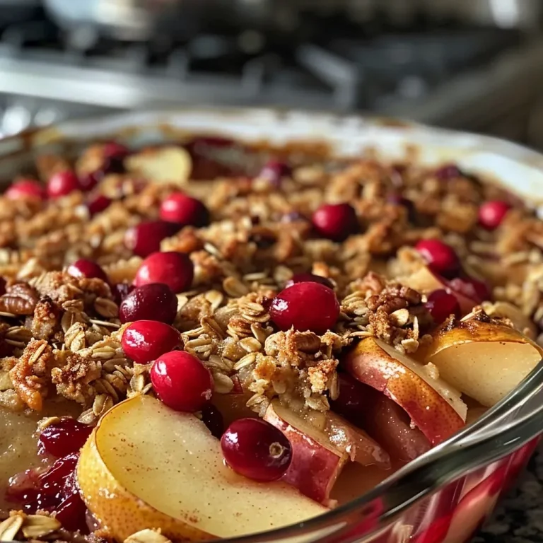 ['Close-up of a delicious Spiced Cranberry Pear Crisp, showing pear chunks and cranberries topped with a crispy oat and nut mixture.', 'Side view of a warm Spiced Cranberry Pear Crisp, featuring juicy fruit and a golden brown crumb topping.', 'Detailed image of Spiced Cranberry Pear Crisp, highlighting the rich texture of the topping against the colorful fruit filling.', 'Close-up shot of Spiced Cranberry Pear Crisp, emphasizing the contrast between the bright cranberries and the crunchy topping.']