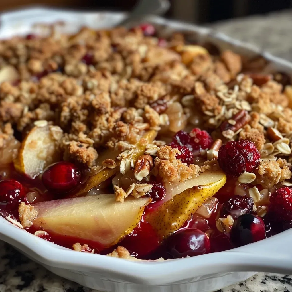 ['Close-up of a delicious Spiced Cranberry Pear Crisp, showing pear chunks and cranberries topped with a crispy oat and nut mixture.', 'Side view of a warm Spiced Cranberry Pear Crisp, featuring juicy fruit and a golden brown crumb topping.', 'Detailed image of Spiced Cranberry Pear Crisp, highlighting the rich texture of the topping against the colorful fruit filling.', 'Close-up shot of Spiced Cranberry Pear Crisp, emphasizing the contrast between the bright cranberries and the crunchy topping.']
