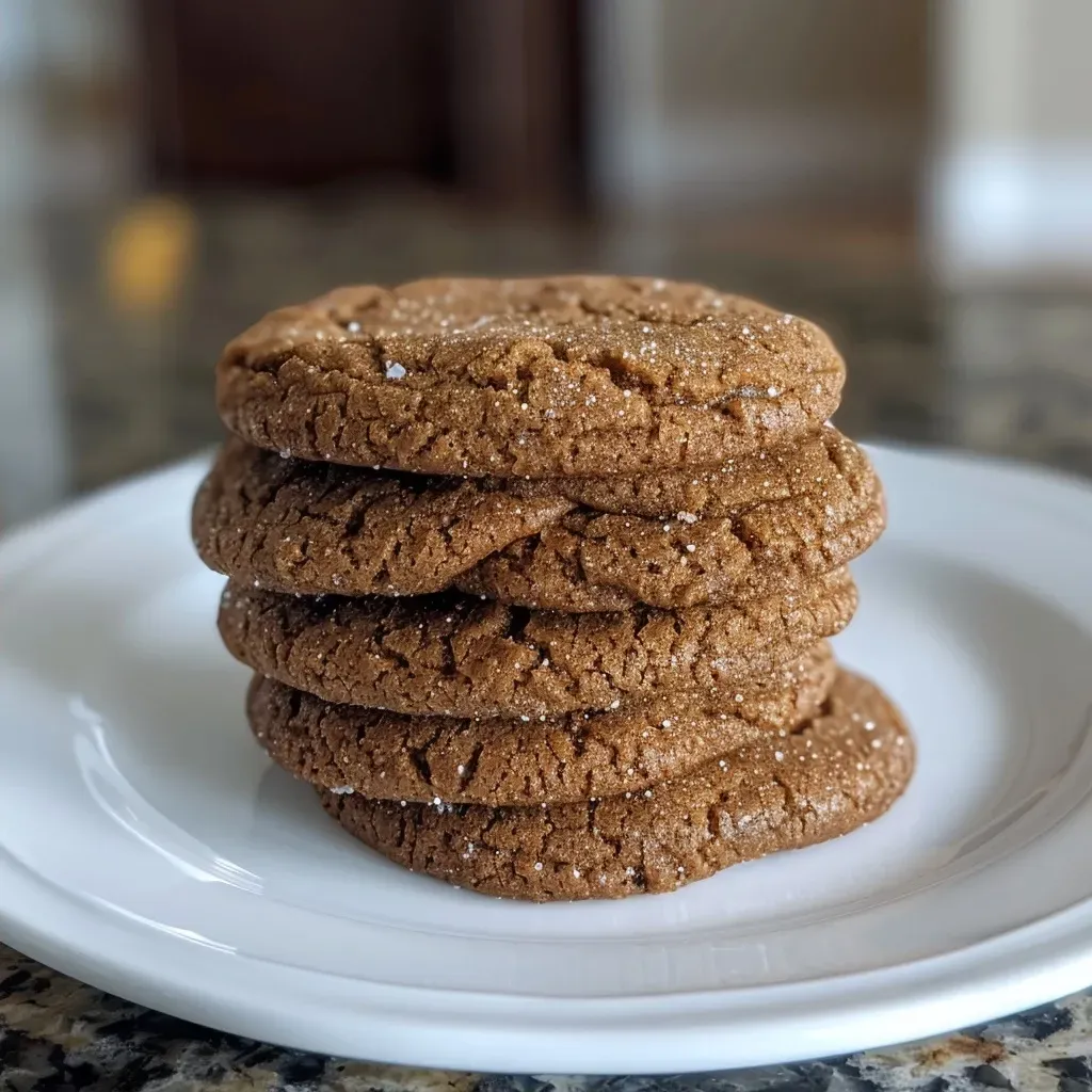 ['A close-up view of spiced molasses cookies with a soft texture and a shiny glaze.', 'A side view of freshly baked spiced molasses cookies showcasing their chewy surface and warm color.', 'A detailed shot of delicious spiced molasses cookies, highlighting the spices and granulated sugar topping.', 'An enticing look at a batch of spiced molasses cookies, with a focus on their rich, dark coloring.']