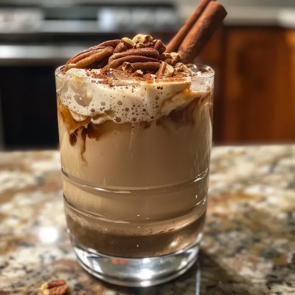 ['Close-up side view of a Spiced Pecan Bourbon Shaken Espresso in a clear glass.', 'A beautifully crafted Spiced Pecan Bourbon Shaken Espresso with frothy texture.', 'Side view of a Spiced Pecan Bourbon Shaken Espresso topped with pecan pieces and cinnamon.', 'Close-up of a delicious Spiced Pecan Bourbon Shaken Espresso served in a modern glass.']