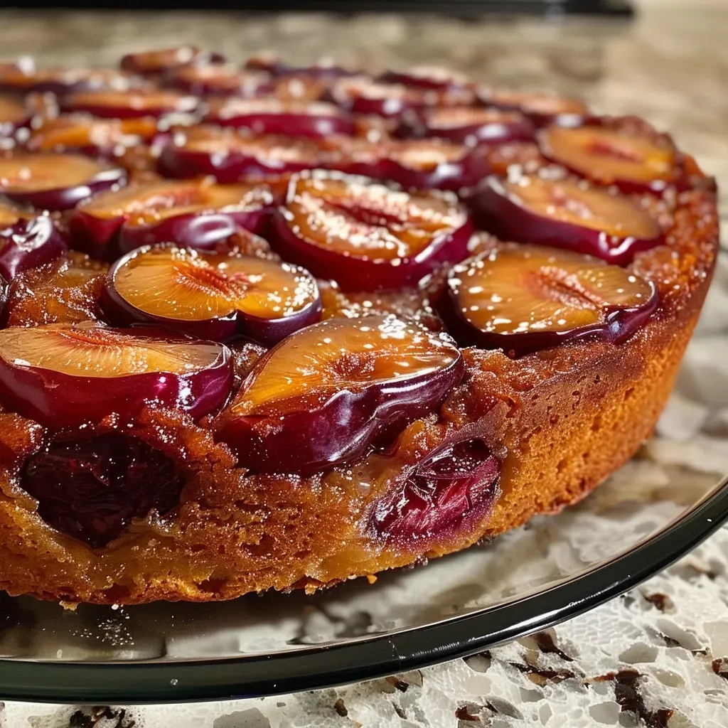 ['A close-up view of a spiced plum upside-down cake showcasing juicy plums on top.', 'Side view of a freshly baked spiced plum upside-down cake with a glossy caramelized surface.', 'A vibrant slice of spiced plum upside-down cake highlighting plums and a soft, buttery texture.', 'Delicious spiced plum upside-down cake with rich colors and a moist appearance.']