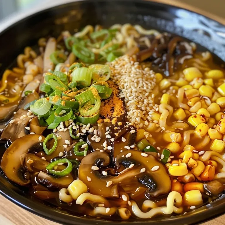 ['Close-up view of a bowl of Spicy Miso Mushroom Ramen with vegetables and a soft-boiled egg.', 'Detailed shot of Spicy Miso Mushroom Ramen featuring mushrooms, corn, and green onions.', 'Side view of a vibrant bowl of Spicy Miso Mushroom Ramen with garnishes and broth.', 'Delicious Spicy Miso Mushroom Ramen presented with sesame seeds and fried onions.']