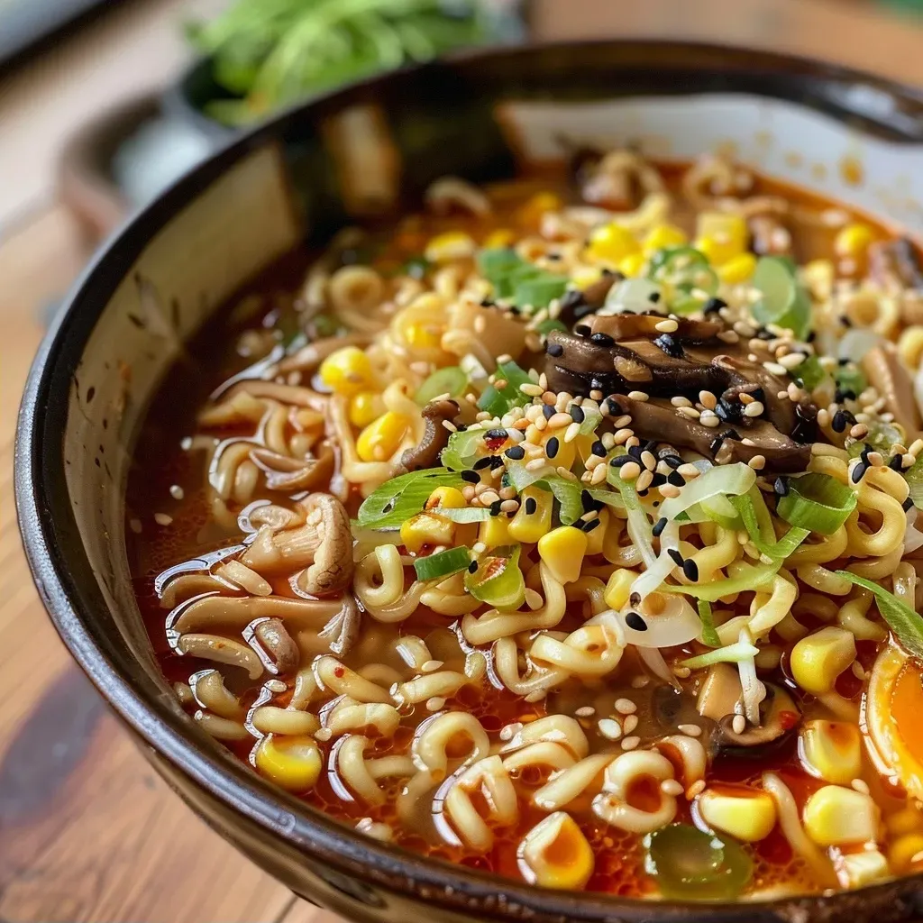 ['Close-up view of a bowl of Spicy Miso Mushroom Ramen with vegetables and a soft-boiled egg.', 'Detailed shot of Spicy Miso Mushroom Ramen featuring mushrooms, corn, and green onions.', 'Side view of a vibrant bowl of Spicy Miso Mushroom Ramen with garnishes and broth.', 'Delicious Spicy Miso Mushroom Ramen presented with sesame seeds and fried onions.']