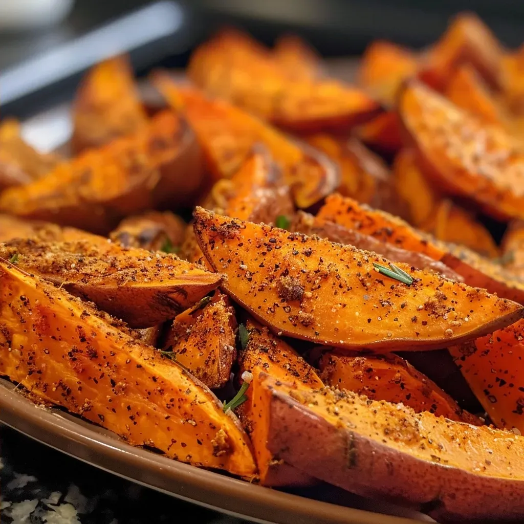 ['Close-up of crispy spicy oven roasted sweet potato wedges arranged on a plate.', 'Side view of golden brown sweet potato wedges, sprinkled with seasonings.', 'Juicy roasted sweet potato wedges with a spicy seasoning crust, served on a wooden surface.', 'Brightly colored sweet potato wedges, perfectly roasted and glistening with olive oil.']