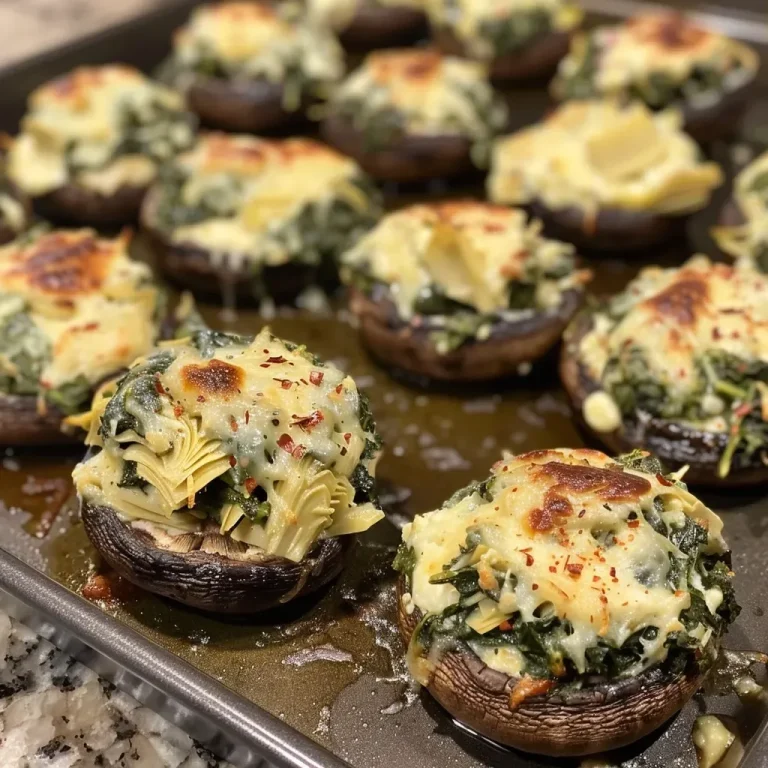 ['Close-up view of juicy Spinach Artichoke Stuffed Mushrooms with a creamy filling.', 'Side shot of Portobello mushrooms filled with spinach and artichoke mixture.', 'Detailed image of stuffed mushrooms showcasing melted cheese and green spinach.', 'Gourmet presentation of Spinach Artichoke Stuffed Mushrooms on a plate.']