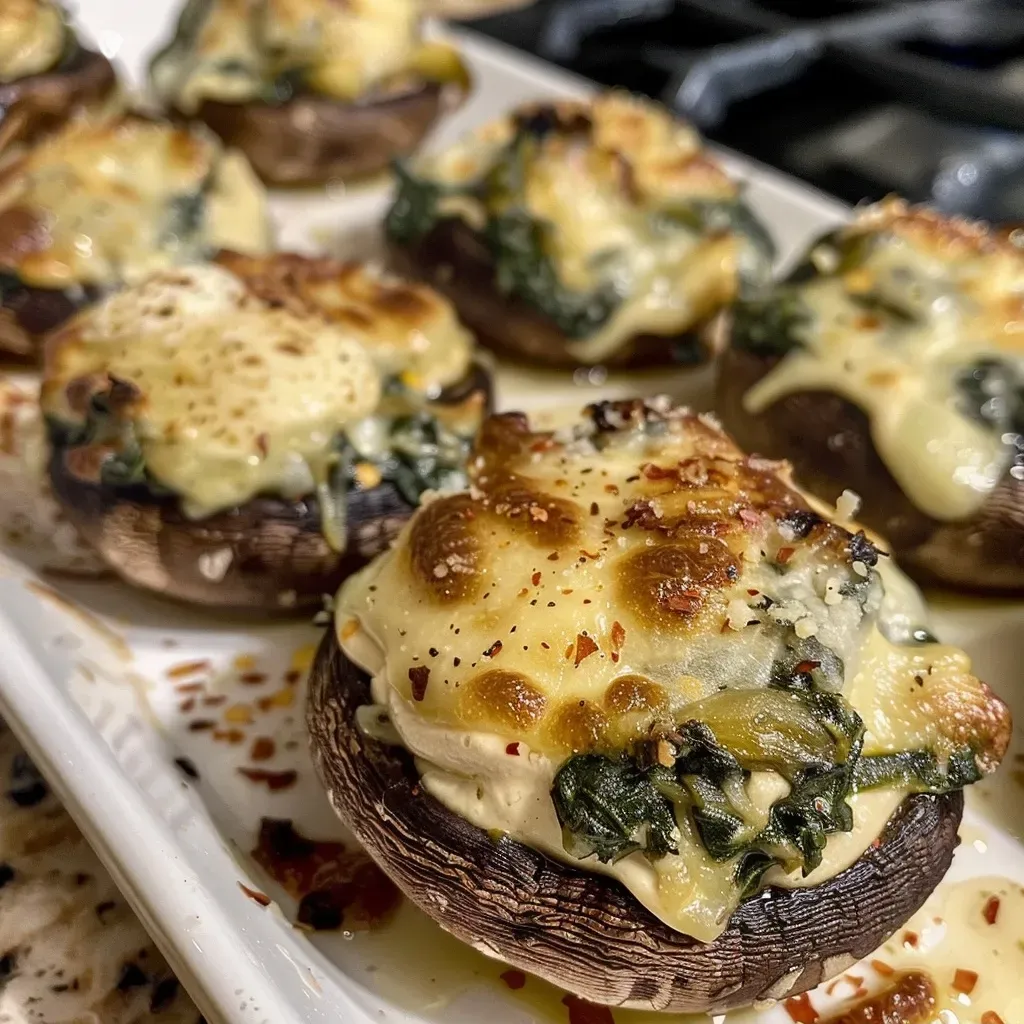 ['Close-up view of juicy Spinach Artichoke Stuffed Mushrooms with a creamy filling.', 'Side shot of Portobello mushrooms filled with spinach and artichoke mixture.', 'Detailed image of stuffed mushrooms showcasing melted cheese and green spinach.', 'Gourmet presentation of Spinach Artichoke Stuffed Mushrooms on a plate.']