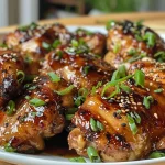 ['Close-up view of glazed chicken thighs with ginger and soy sauce.', 'Juicy, caramelized chicken thighs topped with green onions and sesame seeds.', 'Side view of sticky ginger soy glazed chicken highlighting its glossy surface.', 'Succulent boneless chicken thighs drizzled with a rich ginger soy glaze.']