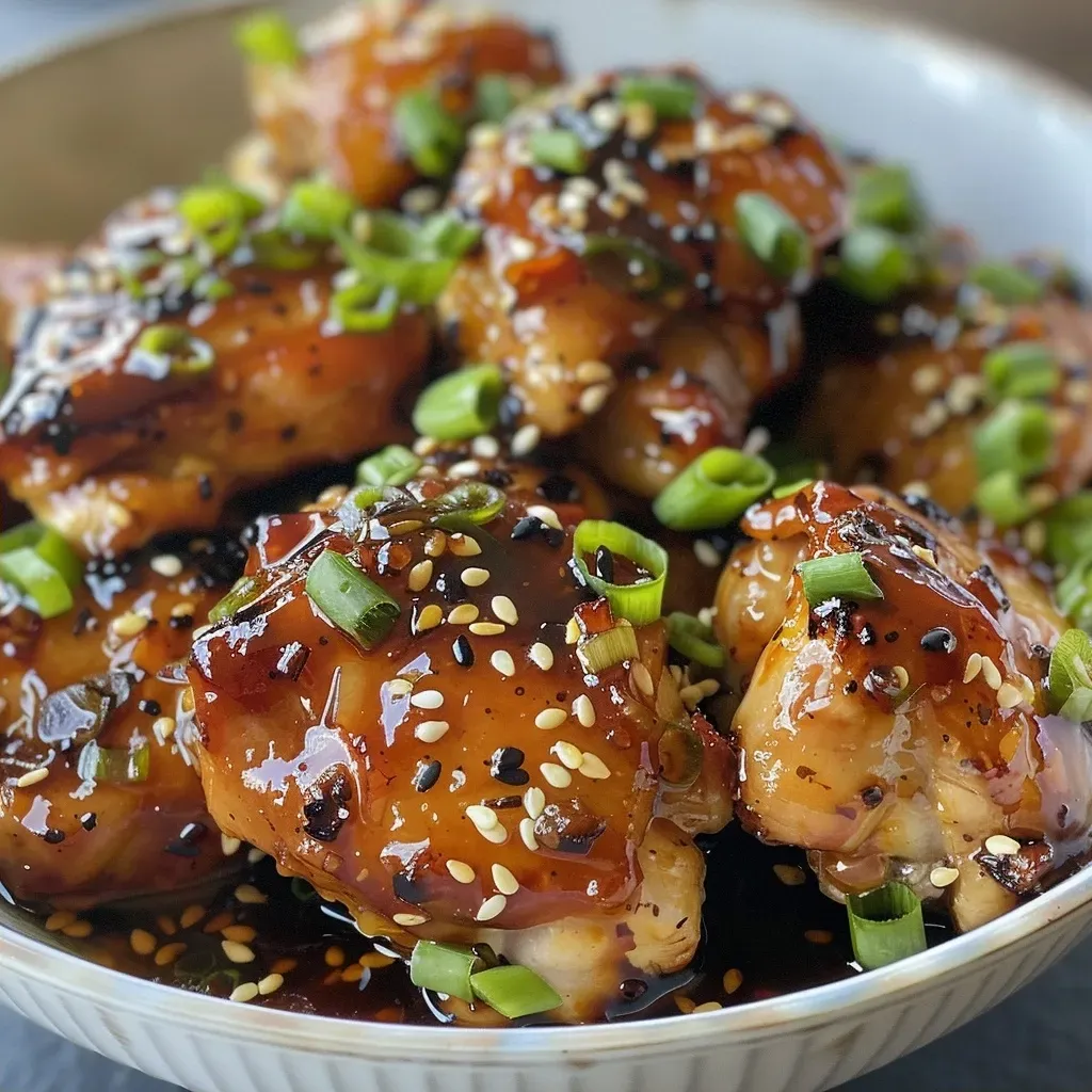 ['Close-up view of glazed chicken thighs with ginger and soy sauce.', 'Juicy, caramelized chicken thighs topped with green onions and sesame seeds.', 'Side view of sticky ginger soy glazed chicken highlighting its glossy surface.', 'Succulent boneless chicken thighs drizzled with a rich ginger soy glaze.']