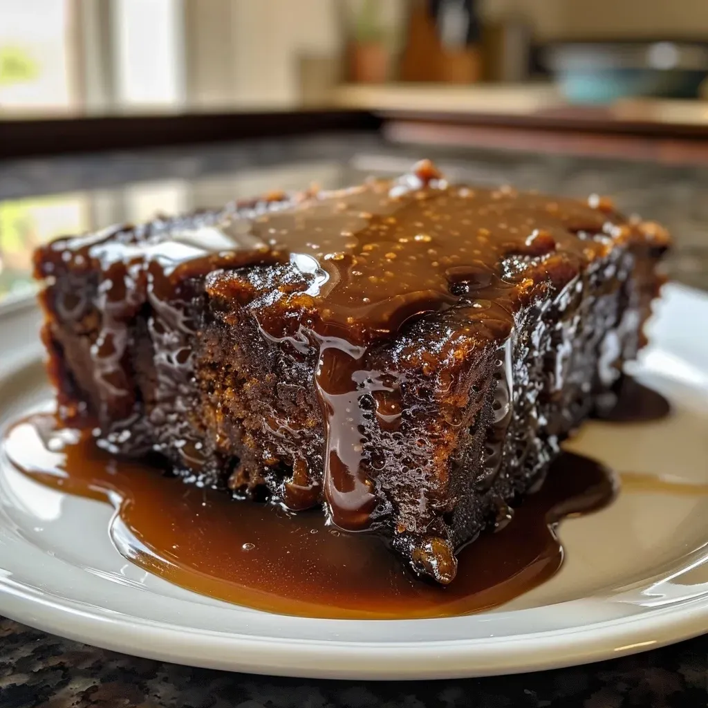 ['A side view close-up of a slice of sticky toffee pudding, topped with creamy sauce.', 'Juicy sticky toffee pudding on a plate, showcasing its rich, glossy texture.', 'A delectable piece of sticky toffee pudding with a drizzle of caramel sauce, served warm.', 'Close-up image of sticky toffee pudding, highlighting its moist interior and decadent topping.']