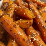 ['Close-up view of vibrant, glazed carrots arranged on a plate.', 'Juicy stovetop glazed carrots glistening under natural light.', 'A side view of beautifully caramelized carrots with sesame seeds.', 'Bright orange glazed carrots drizzled with honey, showcasing their texture.']