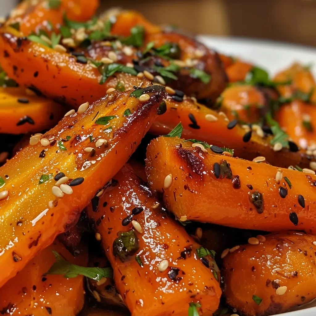 ['Close-up view of vibrant, glazed carrots arranged on a plate.', 'Juicy stovetop glazed carrots glistening under natural light.', 'A side view of beautifully caramelized carrots with sesame seeds.', 'Bright orange glazed carrots drizzled with honey, showcasing their texture.']