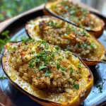 ['Close-up view of a stuffed gem squash filled with quinoa and herbs.', 'Side view of a juicy stuffed gem squash showcasing its colorful filling.', 'Freshly made gem squash stuffed with cream cheese and herbs, presented on a plate.', 'Delicious gem squash, halved and filled with vibrant ingredients, captured in detail.']