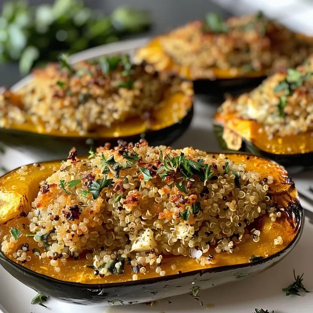 ['Close-up view of a stuffed gem squash filled with quinoa and herbs.', 'Side view of a juicy stuffed gem squash showcasing its colorful filling.', 'Freshly made gem squash stuffed with cream cheese and herbs, presented on a plate.', 'Delicious gem squash, halved and filled with vibrant ingredients, captured in detail.']