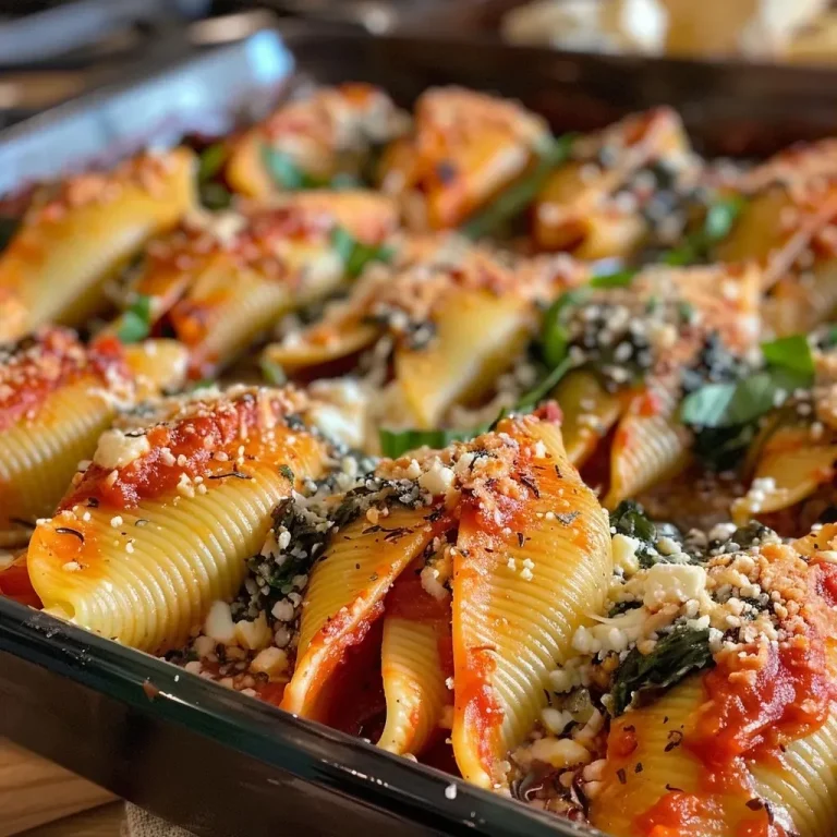 ['Close-up view of stuffed pasta shells filled with spinach and ricotta, garnished with basil.', 'Side shot of juicy stuffed shells topped with melted mozzarella and basil leaves.', 'Detailed image of baked stuffed shells with spinach and ricotta, showcasing rich tomato sauce.', 'Appetizing close-up of stuffed shells with a creamy filling and fresh herbs.']