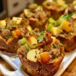 ['Close-up view of stuffing muffins with sausage and apple, showcasing their golden-brown tops.', 'Side view of delicious stuffing muffins, filled with sausage, apple, and herbs, on a rustic plate.', 'Juicy stuffing muffins with visible chunks of sausage and apple, arranged neatly on a white dish.', 'Detailed shot of savory stuffing muffins, highlighting the texture and ingredients inside.']