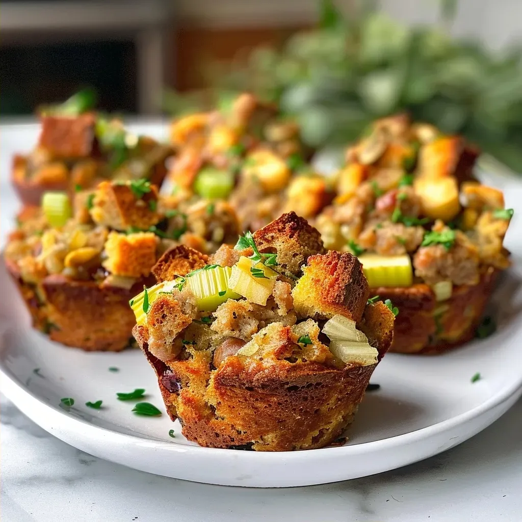 ['Close-up view of stuffing muffins with sausage and apple, showcasing their golden-brown tops.', 'Side view of delicious stuffing muffins, filled with sausage, apple, and herbs, on a rustic plate.', 'Juicy stuffing muffins with visible chunks of sausage and apple, arranged neatly on a white dish.', 'Detailed shot of savory stuffing muffins, highlighting the texture and ingredients inside.']