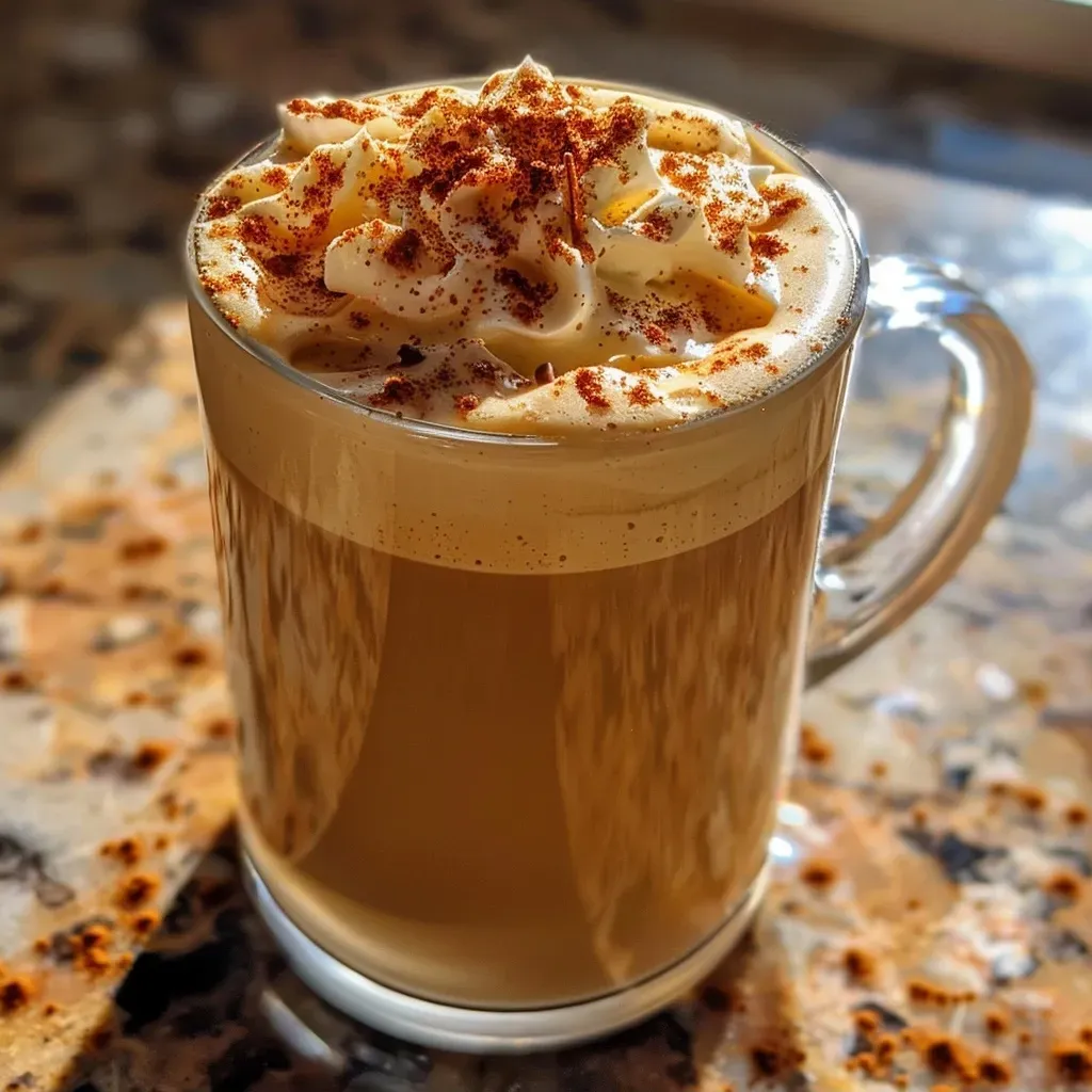 Close-up view of a creamy, frothy pumpkin spice whipped coffee topped with a sprinkle of pumpkin pie spice.
