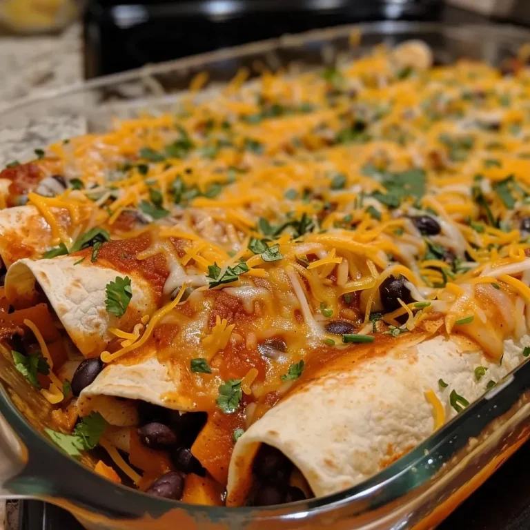 ['Close-up of a juicy Sweet Potato and Black Bean Enchilada topped with cheese and sauce.', 'Side view of delicious Sweet Potato and Black Bean Enchiladas served on a plate, garnished.', 'Zoomed-in shot of enchiladas filled with sweet potatoes and black beans, drizzled with enchilada sauce.', 'Tasty Sweet Potato and Black Bean Enchiladas showcasing vibrant colors and textures.']