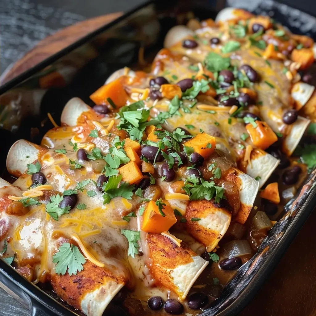 ['Close-up of a juicy Sweet Potato and Black Bean Enchilada topped with cheese and sauce.', 'Side view of delicious Sweet Potato and Black Bean Enchiladas served on a plate, garnished.', 'Zoomed-in shot of enchiladas filled with sweet potatoes and black beans, drizzled with enchilada sauce.', 'Tasty Sweet Potato and Black Bean Enchiladas showcasing vibrant colors and textures.']