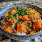 ['Close-up view of a bowl filled with vibrant sweet potato and lentil curry, garnished with fresh cilantro.', 'A mouthwatering side view of sweet potato and lentil curry in a rustic bowl, showcasing colorful ingredients.', 'Hearty sweet potato and lentil curry displayed in a bowl, with diced vegetables and aromatic spices visible.', 'A delicious serving of sweet potato and lentil curry, featuring a mix of orange, yellow, and green hues.']