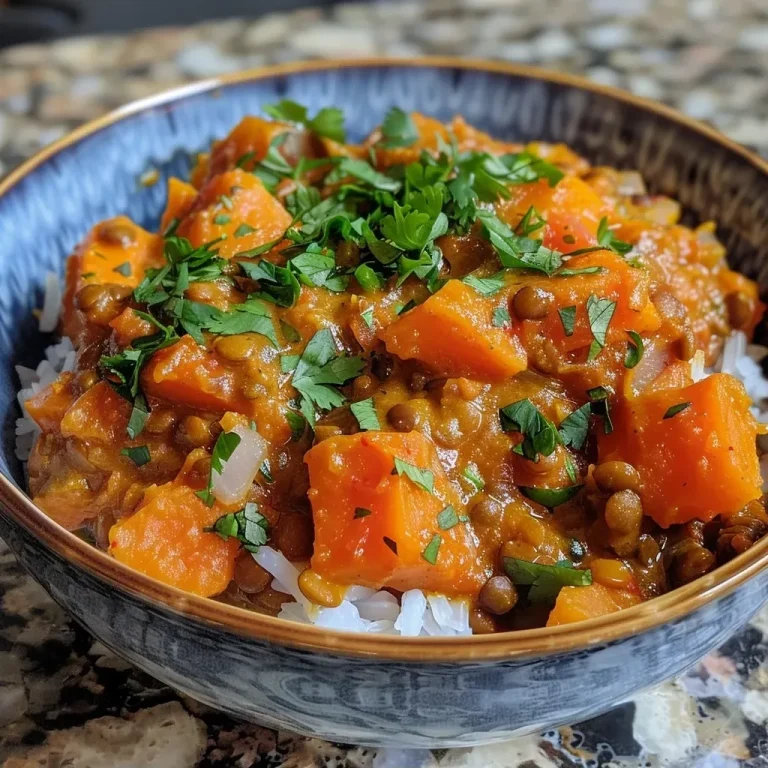 ['Close-up view of a bowl filled with vibrant sweet potato and lentil curry, garnished with fresh cilantro.', 'A mouthwatering side view of sweet potato and lentil curry in a rustic bowl, showcasing colorful ingredients.', 'Hearty sweet potato and lentil curry displayed in a bowl, with diced vegetables and aromatic spices visible.', 'A delicious serving of sweet potato and lentil curry, featuring a mix of orange, yellow, and green hues.']