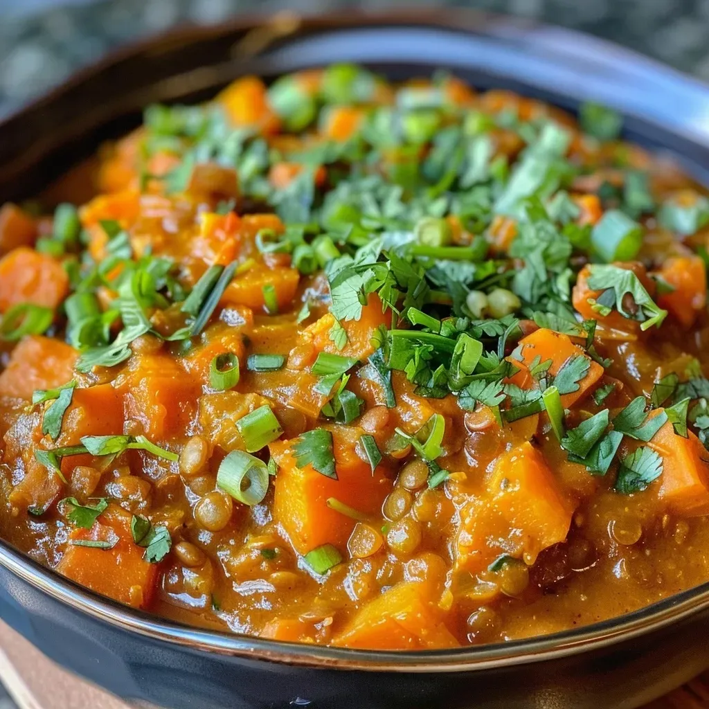 Close-up view of a bowl filled with vibrant sweet potato and lentil curry, garnished with fresh cilantro.