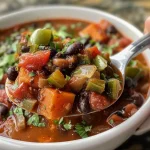 ['A close-up view of a bowl of Sweet Potato Black Bean Chili topped with diced avocado and cilantro.', 'A vibrant bowl of Sweet Potato Black Bean Chili with tortilla strips, jalapenos, and a dollop of sour cream.', 'A side view of hearty Sweet Potato Black Bean Chili featuring colorful ingredients and garnishes.', 'An appetizing close-up of Sweet Potato Black Bean Chili, showcasing black beans, sweet potatoes, and fresh herbs.']