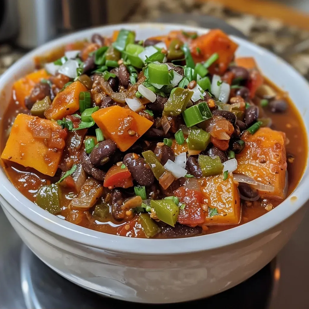 A close-up view of a bowl of Sweet Potato Black Bean Chili topped with diced avocado and cilantro.