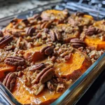 ['Close-up view of a steaming Sweet Potato Casserole topped with a crumbly brown sugar and butter topping.', 'Side angle of a baked Sweet Potato Casserole showcasing a golden-brown crust and rich, orange filling.', 'Delicious Sweet Potato Casserole presented in a dish, highlighting the creamy texture and sweet topping.', 'Detailed image of Sweet Potato Casserole with a buttery topping, capturing its moist interior and vibrant color.']